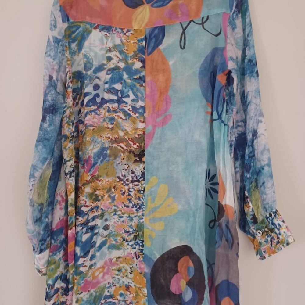 ohn Mark Women Small Sheer Tunic Blouse Abstract Floral Button Front Boho - Picture 6 of 7
